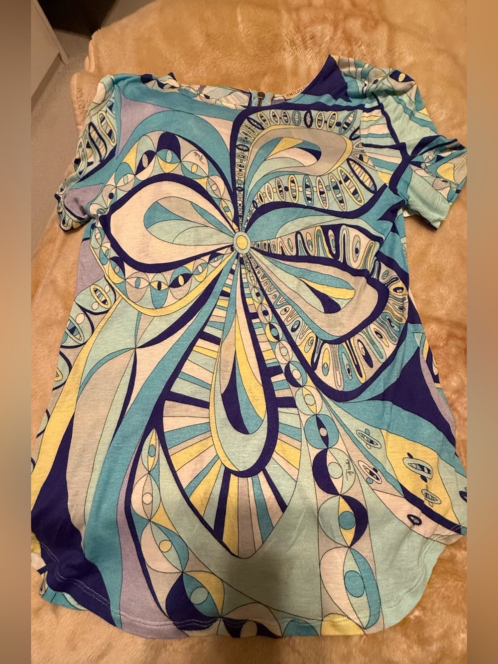 Emilio Pucci Blue, Teal & Yellow Abstract Swirl Tee